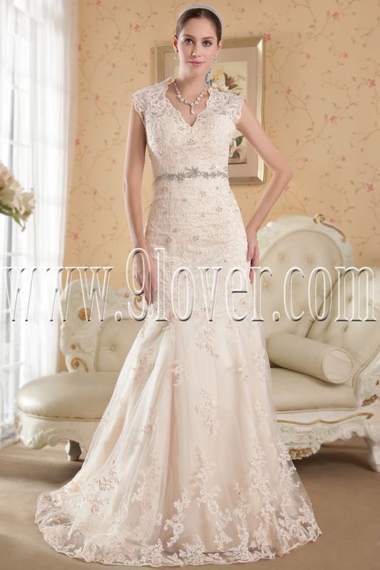 vintage light champagne lace v-neck a-line floor length wedding dress IMG-4843