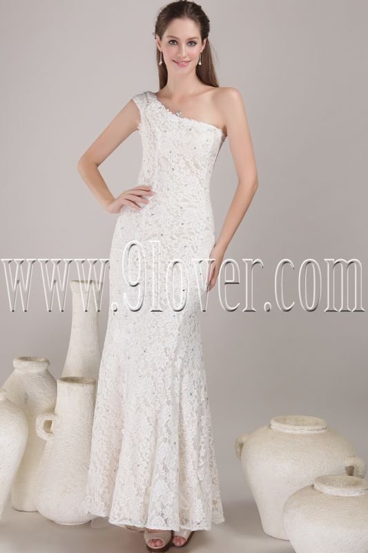 elegant white lace one shoulder a-line floor length wedding dress IMG-4517