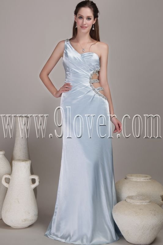 sexy light blue satin one shoulder a-line floor length evening dress IMG-4570