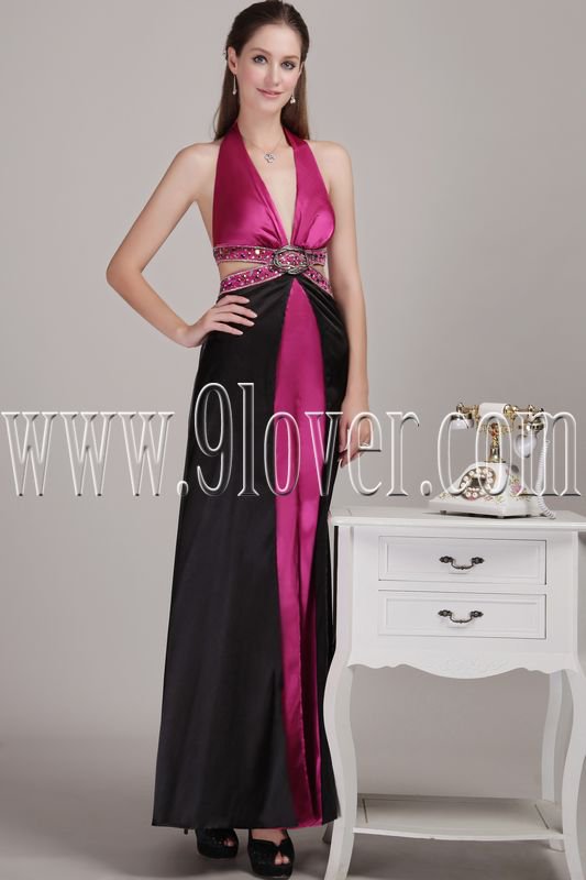 modern black and fuchsia satin halter a-line floor length evening dress IMG-4608