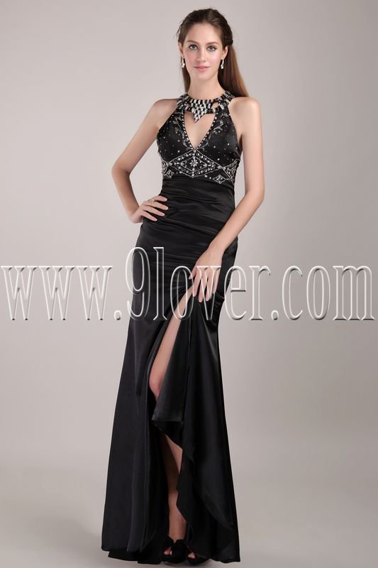 a-line black satin halter a-line floor length informal evening dress IMG-4815