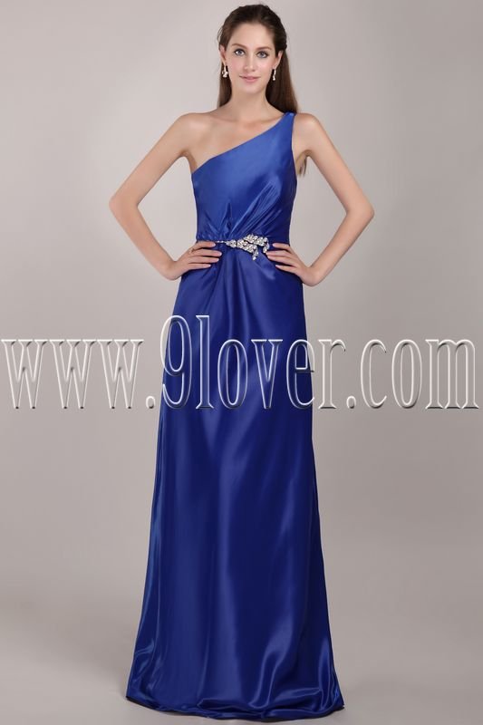 elegant royal blue satin one shoulder a-line floor length formal evening dress IMG-4822