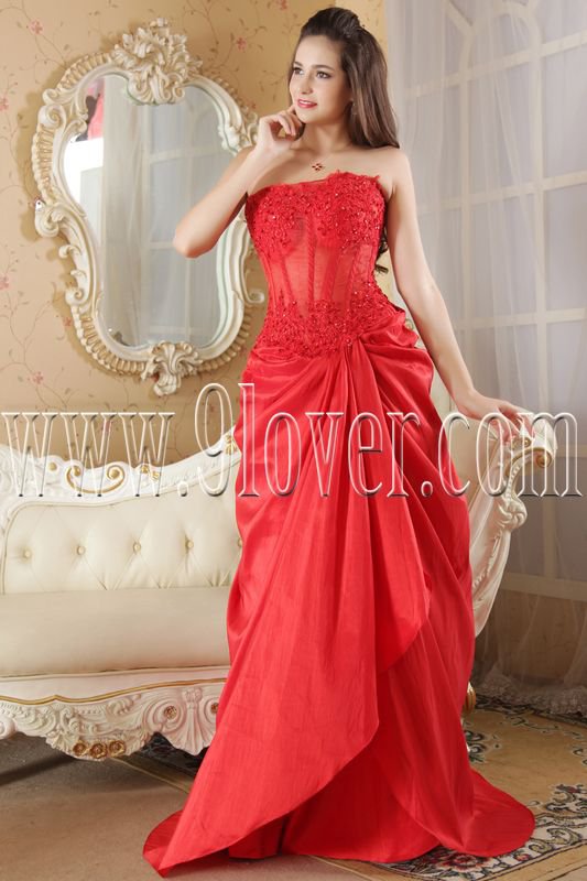 red taffeta strapless column floor length long prom dress IMG-5225