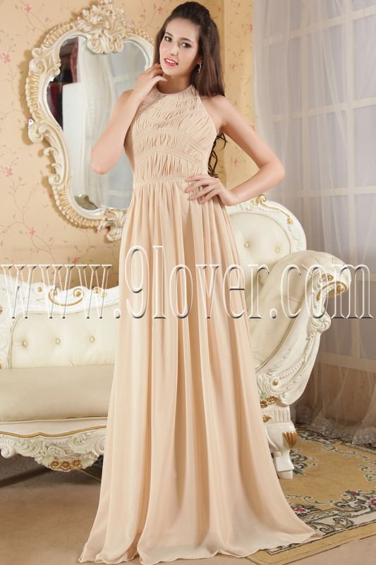 a-line light champagne chiffon halter floor length formal evening dress IMG-5235