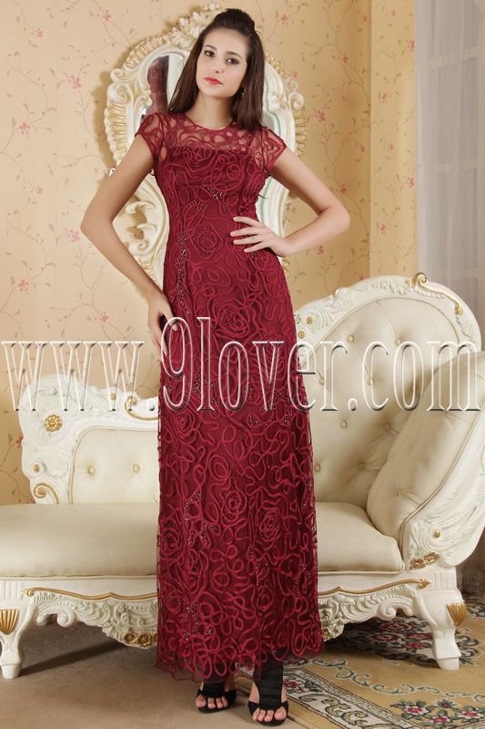 burgundy lace short sleeves a-line ankle length prom dress IMG-5342