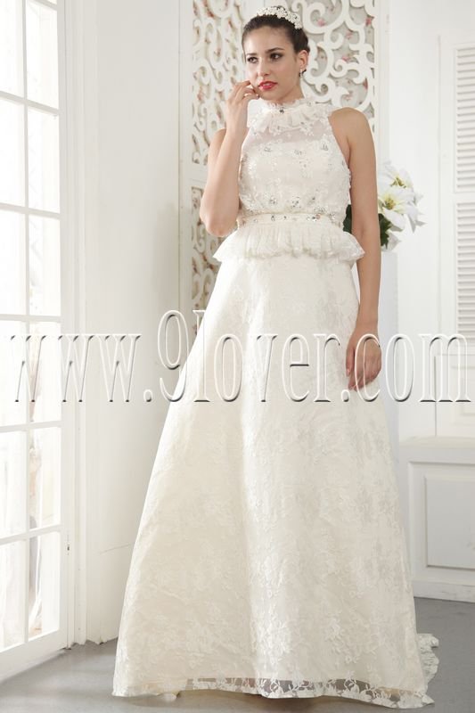 2013 vintage ivory lace a-line floor length wedding dress with peplum IMG-5440