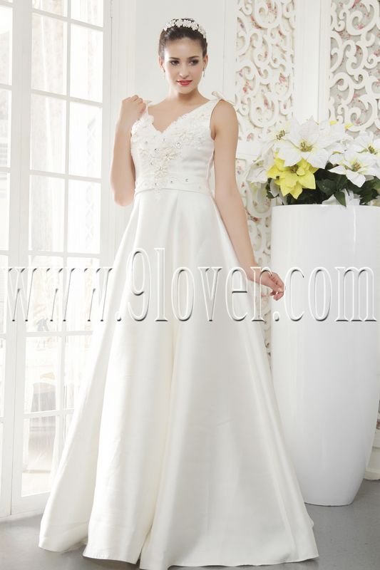 a-line v-neck satin floor length plus size wedding dress IMG-5448