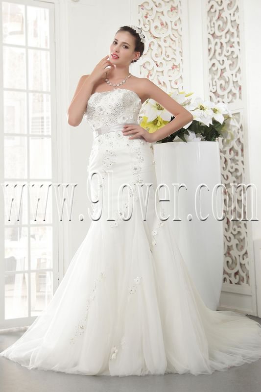 2013 vintage and retro white tulle strapless trumpet mermaid wedding dress IMG-5484
