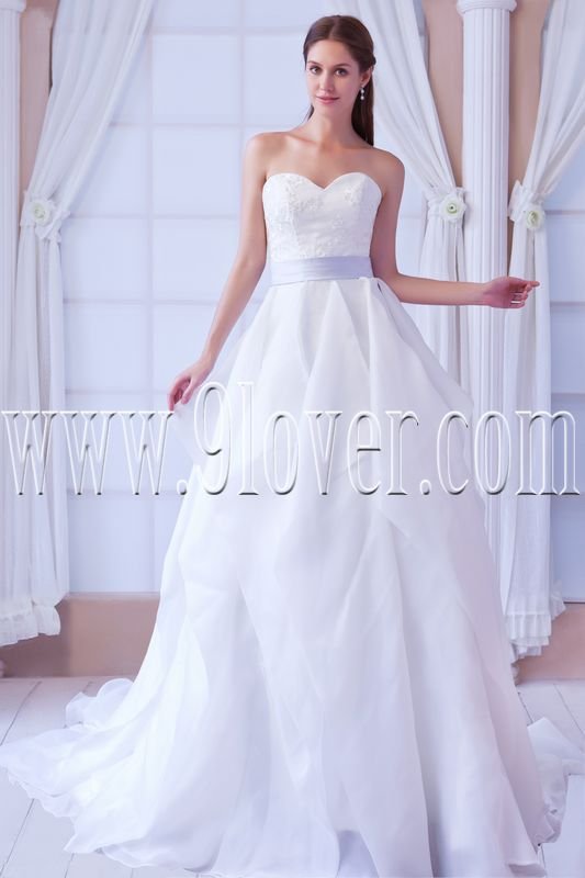 classic white organza sweetheart a-line floor length wedding dress with sash IMG-8371