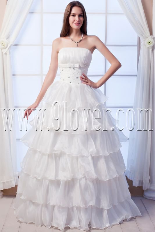 flattering strapless organza a-line floor length wedding dress with ruffles skirt IMG-0126