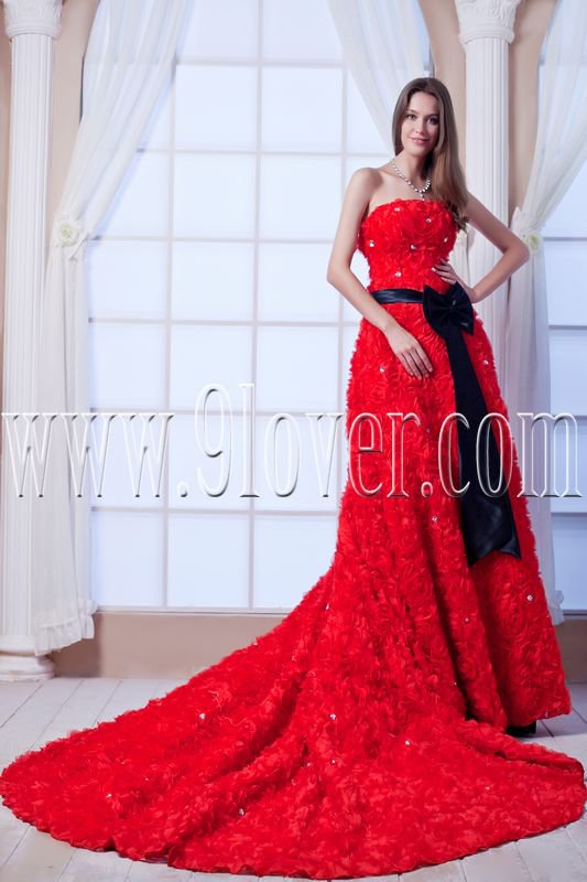 attractive red tulle strapless a-line floor length prom dress IMG-0175