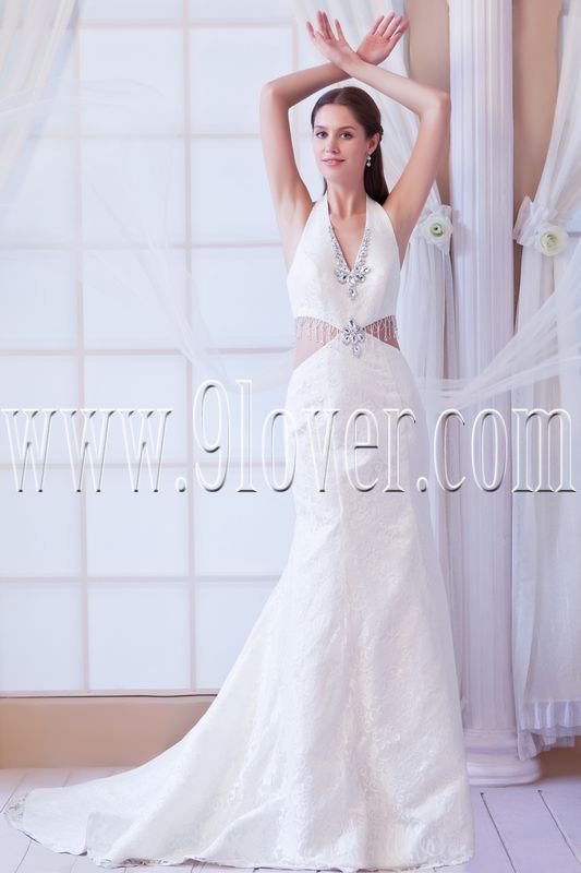 modern halter neck a-line floor length lace wedding dress IMG-8288