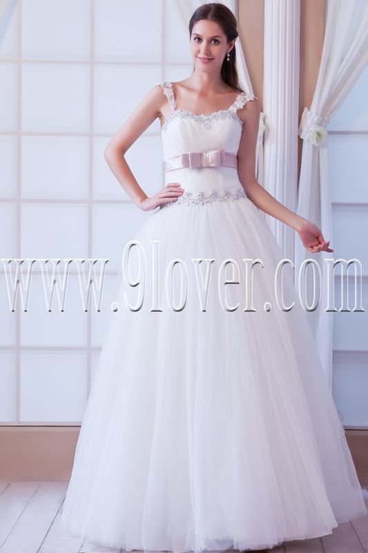 princess white tulle straps a-line floor length wedding dress IMG-8309