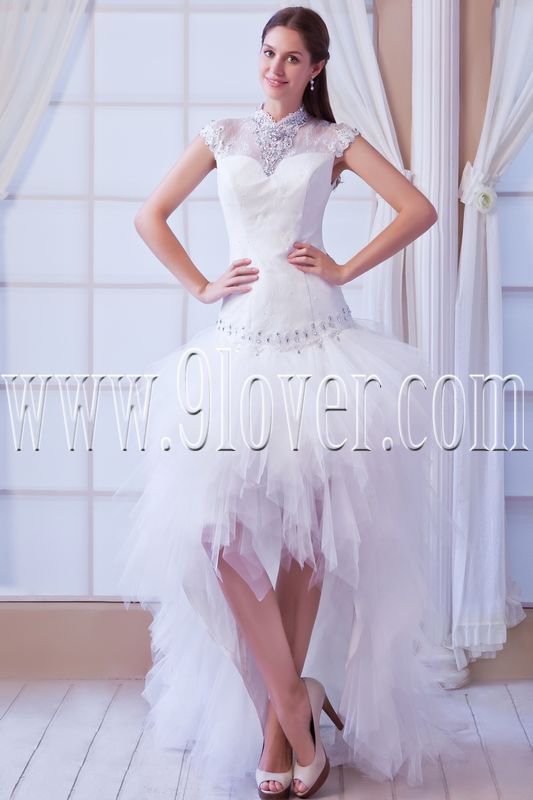 modern high neck a-line short sleeves knee length wedding dress with brush train IMG-8338