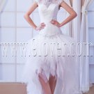 modern high neck a-line short sleeves knee length wedding dress with brush train IMG-8338