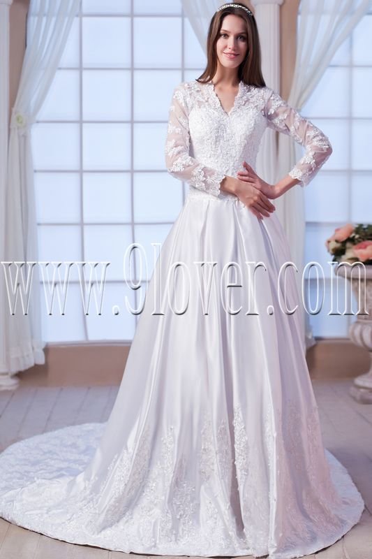 modest satin long sleeves a-line floor length muslim wedding dress IMG-7597