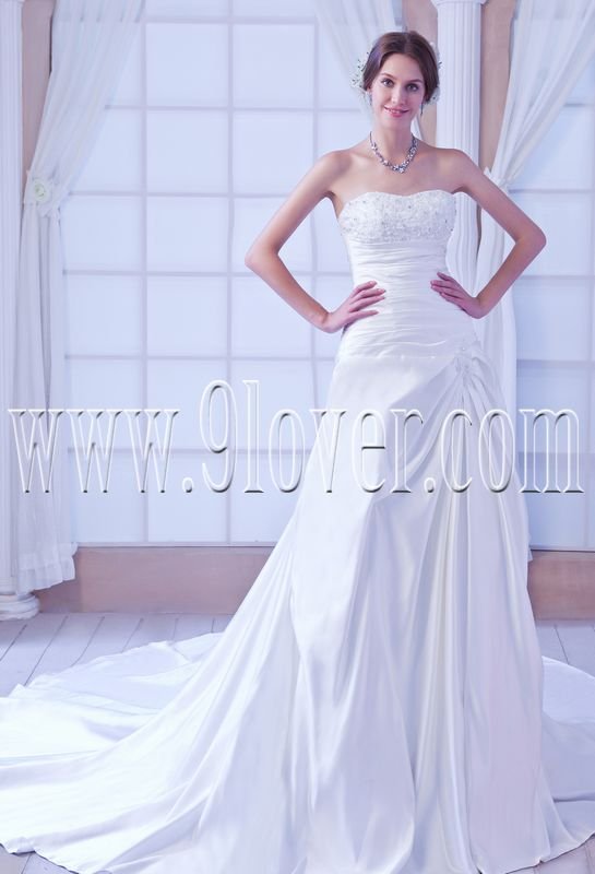 modern and classic satin shallow sweetheart a-line floor length wedding dress IMG-7915