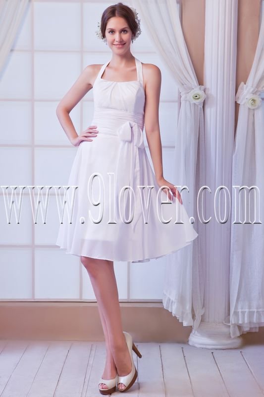 modern white chiffon halter a-line knee length wedding dress IMG-8075