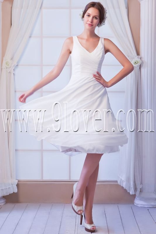 elegant white chiffon v-neck a-line knee length homecoming dress IMG-8118