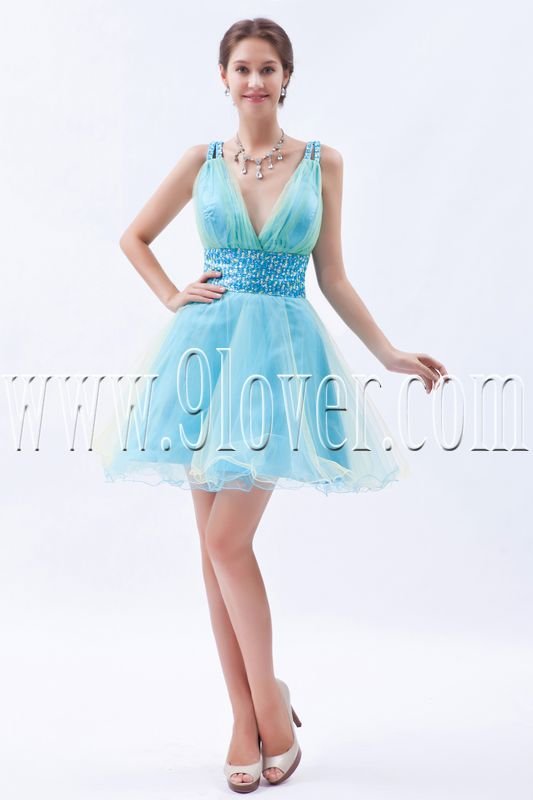 mini length v-neckline sky blue tulle cocktail dress IMG-8451