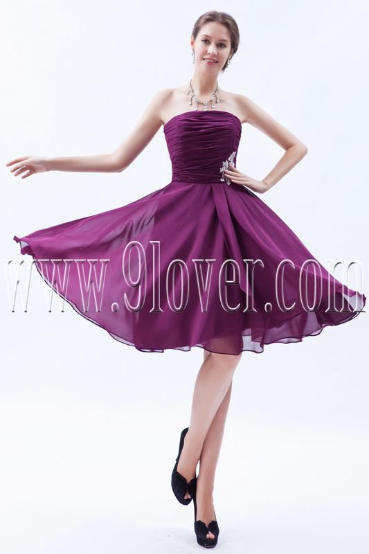 charming purple chiffon strapless knee length homecoming dress IMG-8534