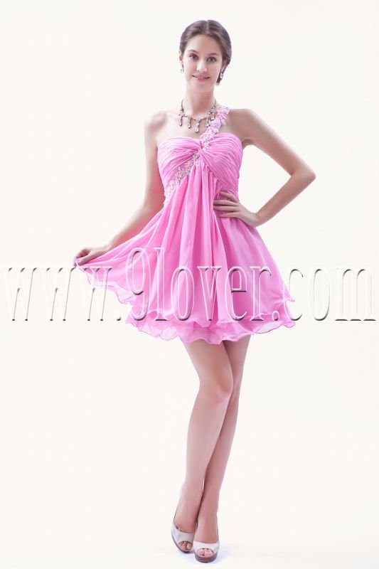 modern pink chiffon one shoulder empire mini length cocktail dress IMG-8659