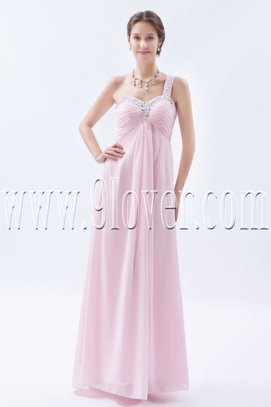 empire floor length pearl pink chiffon one shoulder bridesmaid dress IMG-8684