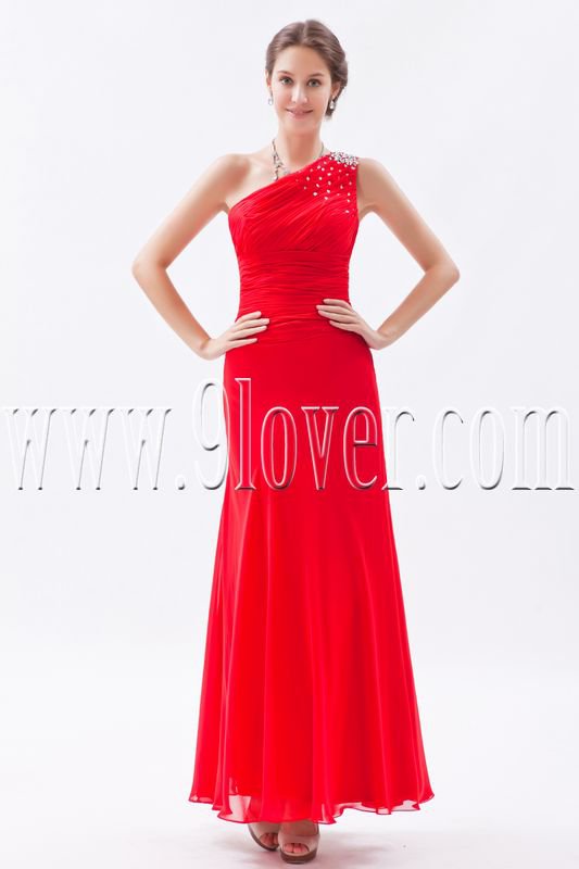 a-line red chiffon one shoulder ankle length bridesmaid dress IMG-8720