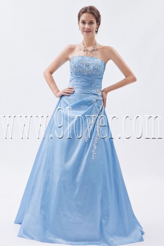 classic sky blue satin strapless a-line floor length long prom dress IMG-8757