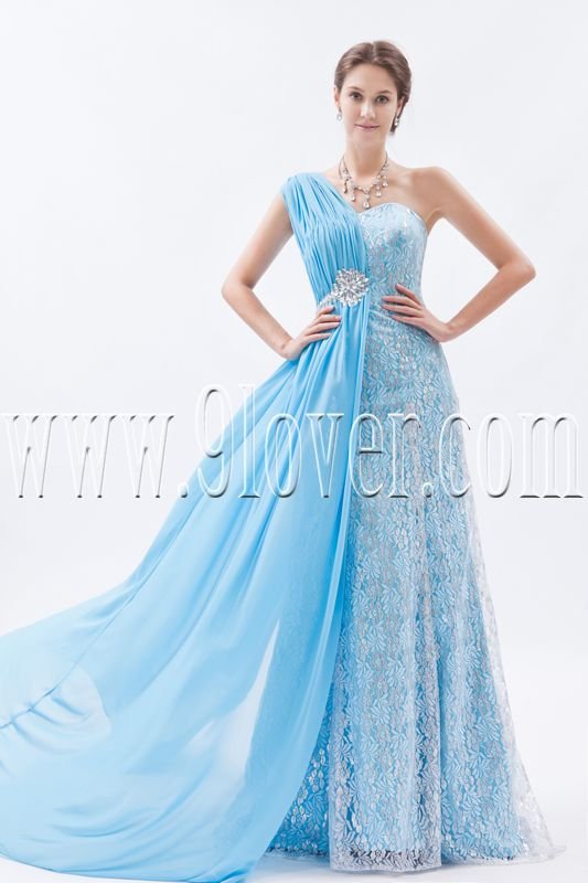 sky blue chiffon and lace one shoulder a-line floor length long evening dress IMG-8766