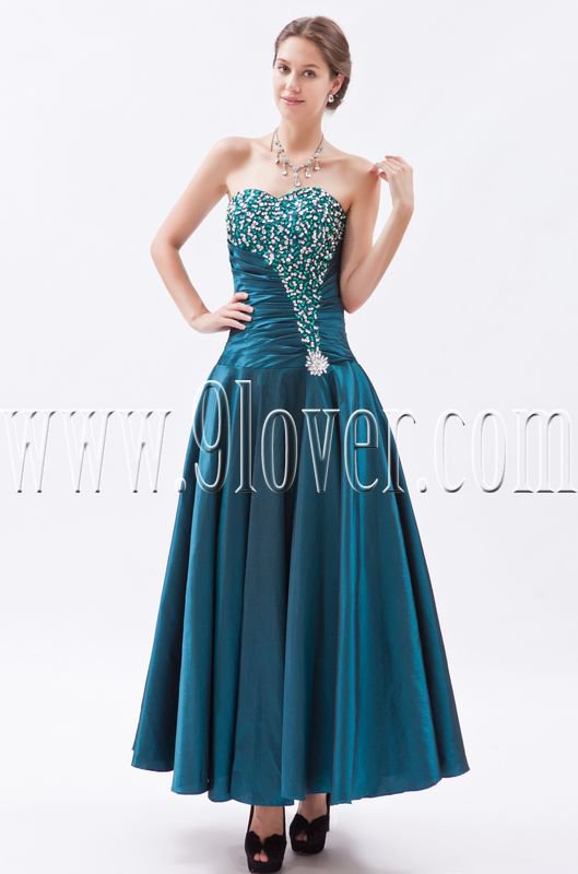 modern dark green satin ankle length prom dress with beaded bust IMG-8823