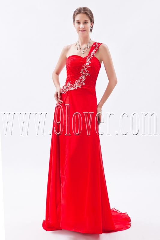 a-line red chiffon one shoulder floor length formal evening dress IMG-8836