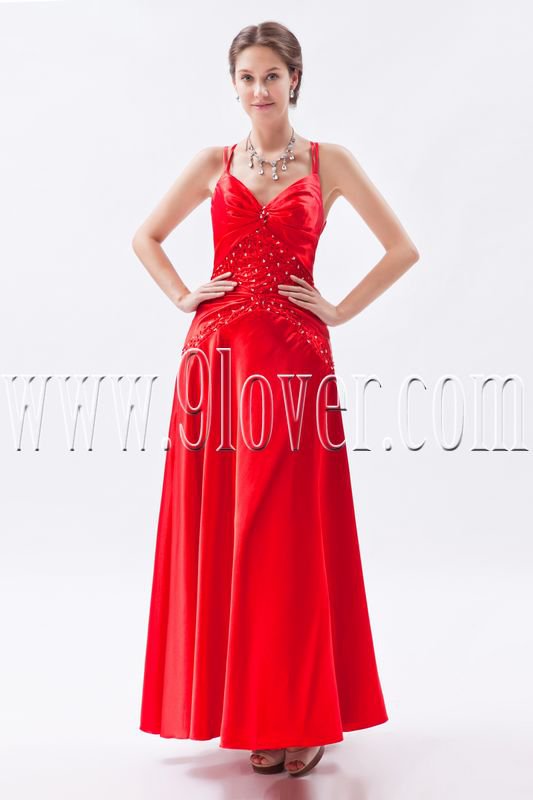 column ankle length red satin spaghetti straps bridesmaid dress IMG-8846
