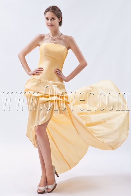 stunning gold satin strapless a-line mini length cocktail dress with brush train IMG-8940