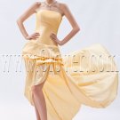 stunning gold satin strapless a-line mini length cocktail dress with brush train IMG-8940