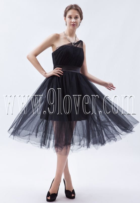 black tulle one shoulder ball gown tea length prom dress IMG-9016