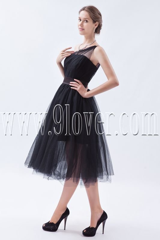 Black Tulle One Shoulder Ball Gown Tea Length Prom Dress Img 9016