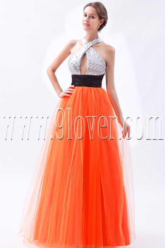 silver and orange halter neckline column floor length prom dress IMG-9077