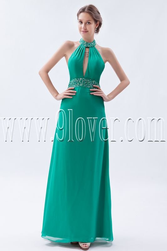 elegant hunter chiffon halter neck a-line floor length bridesmaid dress IMG-9102