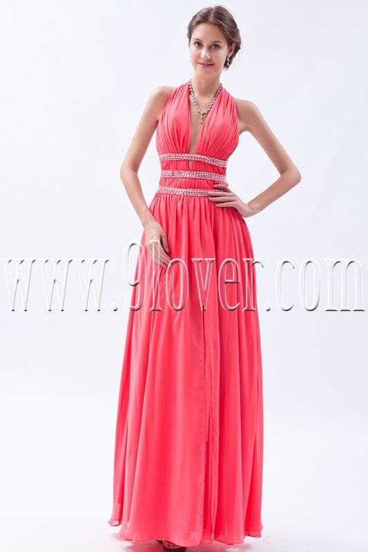 exclusive water melon chiffon halter neck a-line floor length formal evening dress IMG-9113