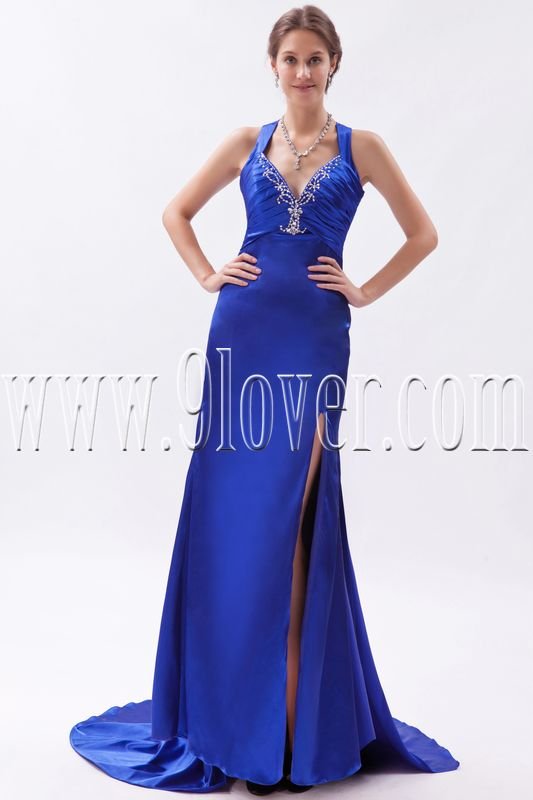 sexy deep v-neck a-line floor length royal blue satin evening dress IMG-9355