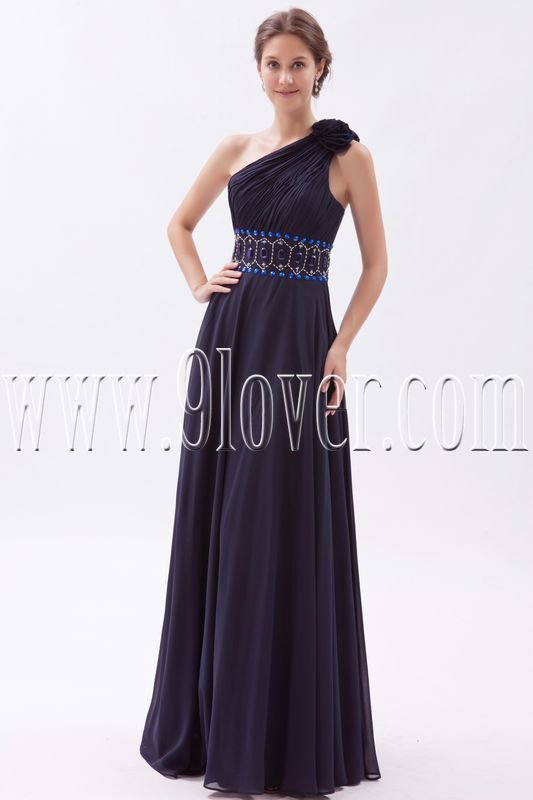 a-line floor length black chiffon one shoulder prom dress IMG-9436
