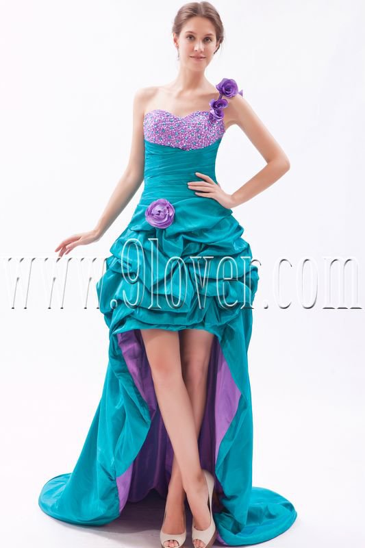 modern turquoise satin one shoulder a-line mini length cocktail dress IMG-9449