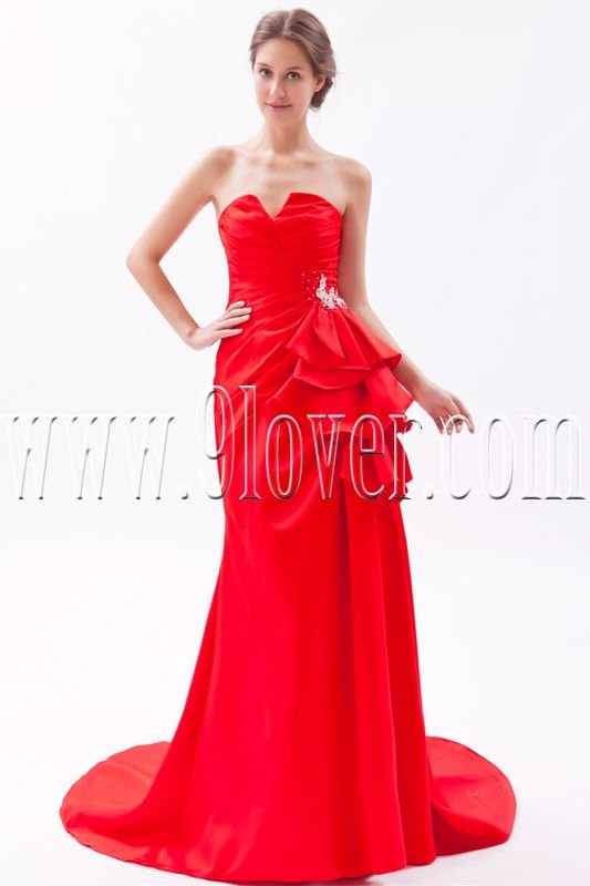 gorgeous red satin strapless a-line floor length prom dress IMG-9568