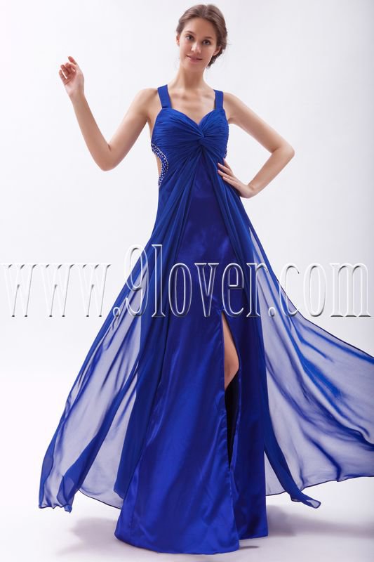 attractive royal blue chiffon straps a-line floor length evening dress IMG-9592