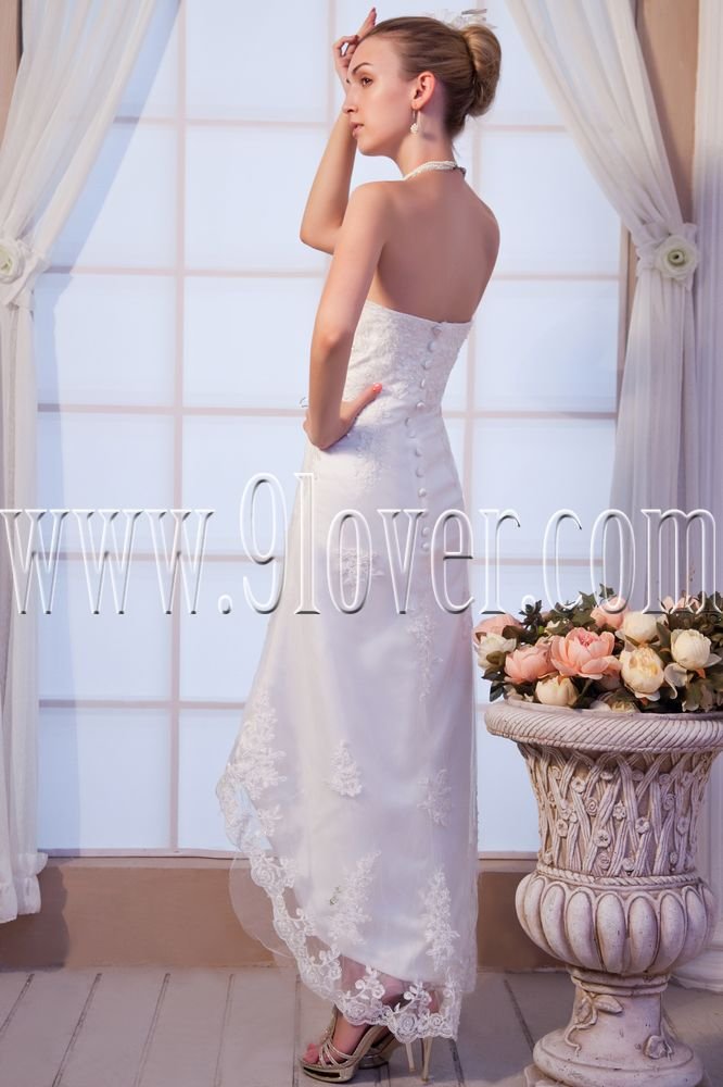 Exclusive Strapless A Line Tea Length Beach Wedding Dress With