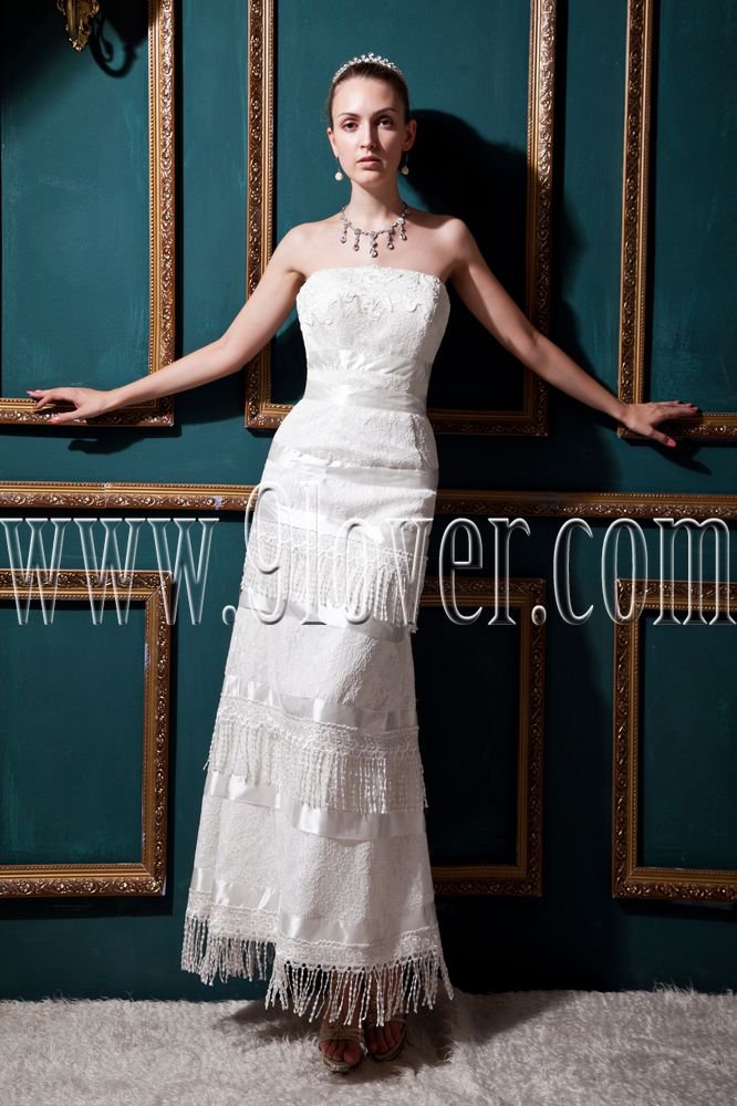 vintage strapless column ankle length sleeveless wedding dress with tassel IMG-0453