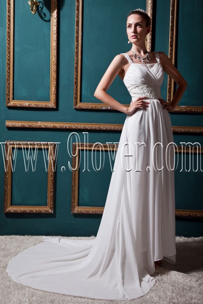 charming white chiffon straps a-line floor length wedding dress with brush train IMG-0490