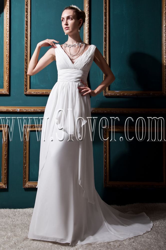 elegance white chiffon v-neckline a-line floor length beach wedding dress IMG-0365