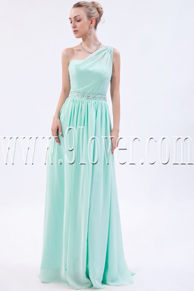 stunning mint chiffon one shoulder a-line floor length bridesmaid dress IMG-9882